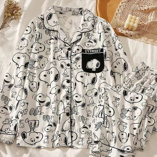 Cartoon Snoopy Sleepwear Trouser Suit Long Sleeves Pajamas Loose Simple Cardigan Home Wear Fashion Soft Comfort Cute Girls Gift