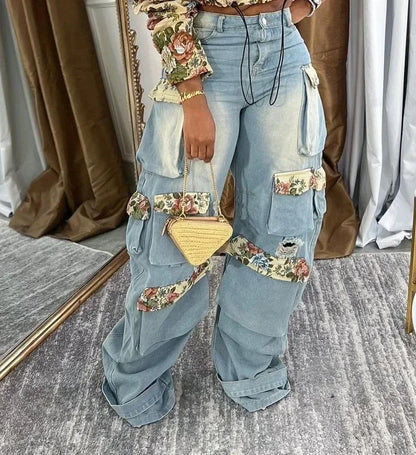 CM.YAYA Washed Denim Women's Set Full Sleeve Floral Jacket and Pockets Cargo Jeans Pants Suit 2024 Street Two 2 Piece Set Outfit