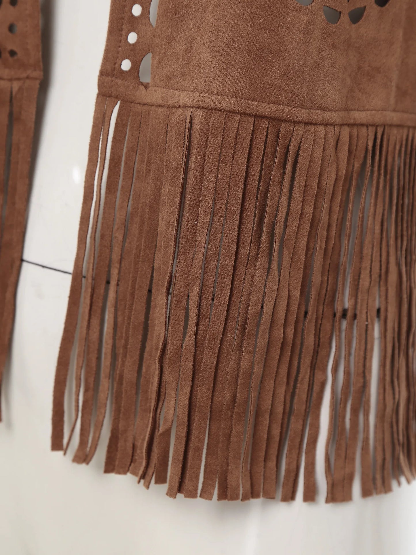 Womens Western Cowgirl Hippy Cosplay Costume Vintage Hollow Out Tassel Tank Tops Fringe Vest 70s Disco Faux Suede Waistcoat