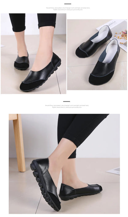 Women's shoes casual flat walking low heel loafers leather solid color large size casual single shoe work shoes44