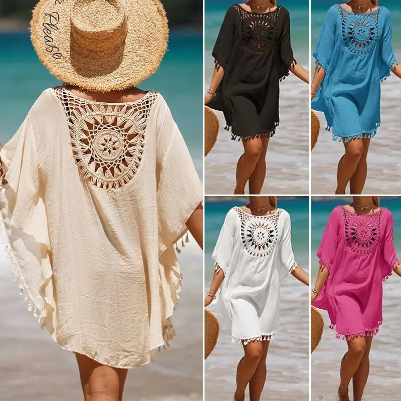 Women Casual Bohemian Holiday Outfits Beachwear Bikini Cover Up Summer Solid Color Hollow Out Beach Dress