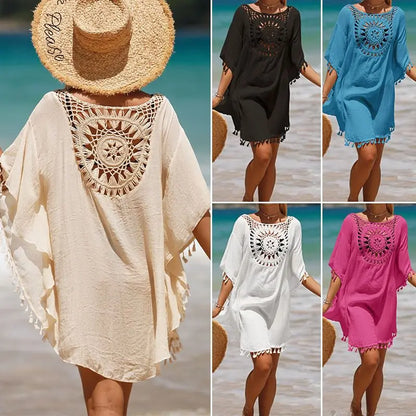 Women Casual Bohemian Holiday Outfits Beachwear Bikini Cover Up Summer Solid Color Hollow Out Beach Dress