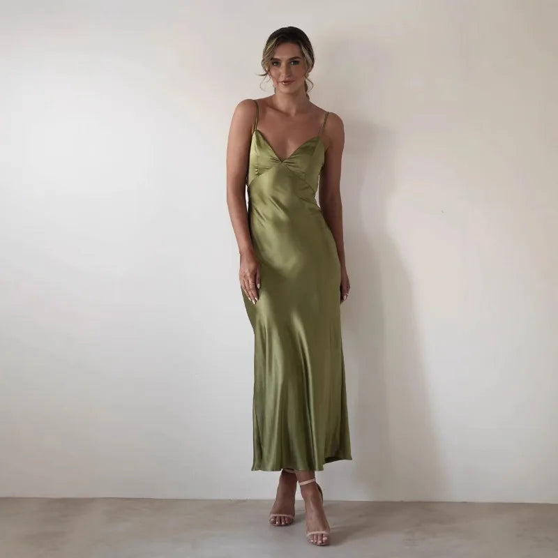 EtherealBe Sexy Satin Halter Dress in Olive Green