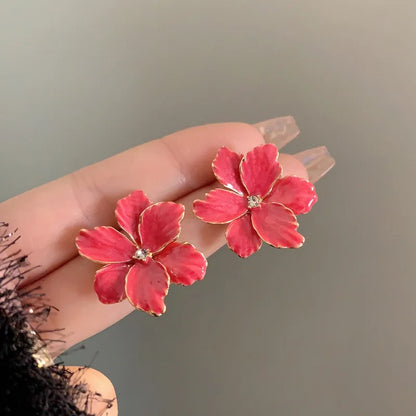 Modern Jewelry 925 Silver Needle Red Flower Earrings Spring Summer Style Popular Design Big Stud Earrings For Women Girl Gift