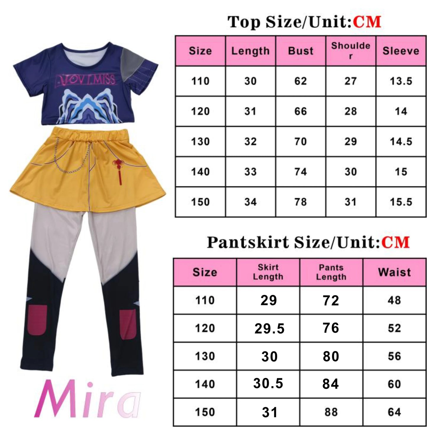 Zoey Rumi kids costume two piece top and pants with attached yellow skirt and size charts in cm