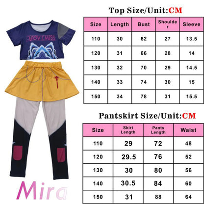 Zoey Rumi kids costume two piece top and pants with attached yellow skirt and size charts in cm