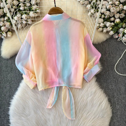 Beads Sequin Flower Blusas Mujer Rainbow Color Shirts & Blouses Lace-up Bow Camisas 2026 Spring Women Clothing Ropa
