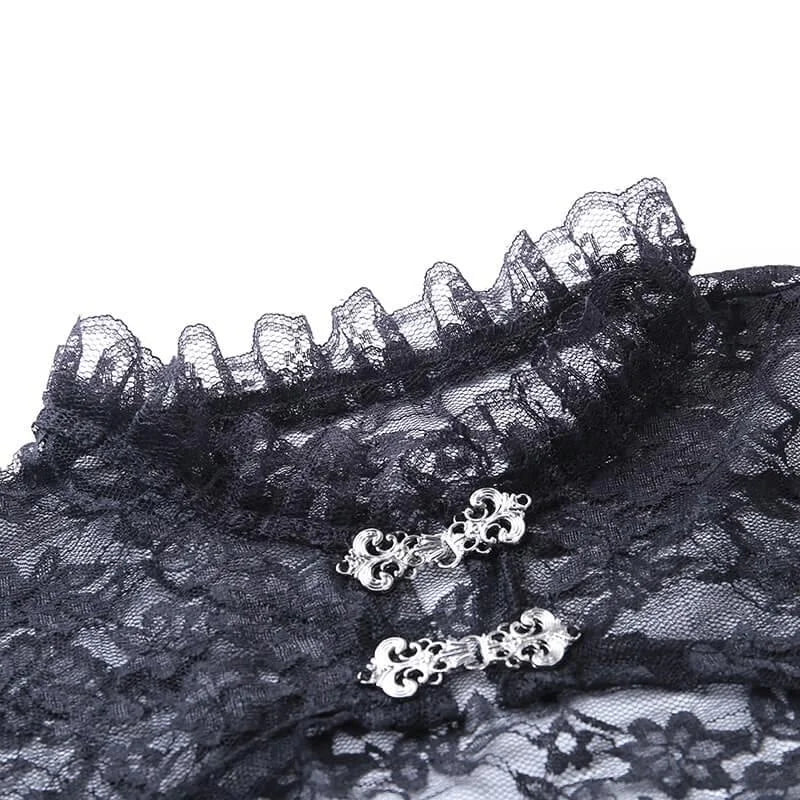 Vintage Dark Gothic Lace Mesh Long Flare Sleeve Overlay Turtleneck Covers Grunge Aesthetic Black Tops Streetwear for Women Egirl