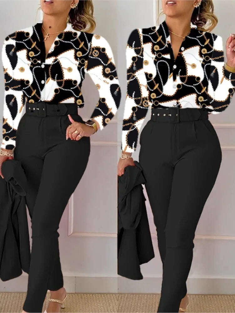 Autumn Winter Stand Neck Floral Print Long Sleeve Shirt Pants Two Piece Sets Elegant Women Casual Shirt Trousers Suits With Belt