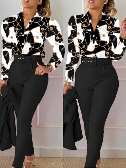 Autumn Winter Stand Neck Floral Print Long Sleeve Shirt Pants Two Piece Sets Elegant Women Casual Shirt Trousers Suits With Belt