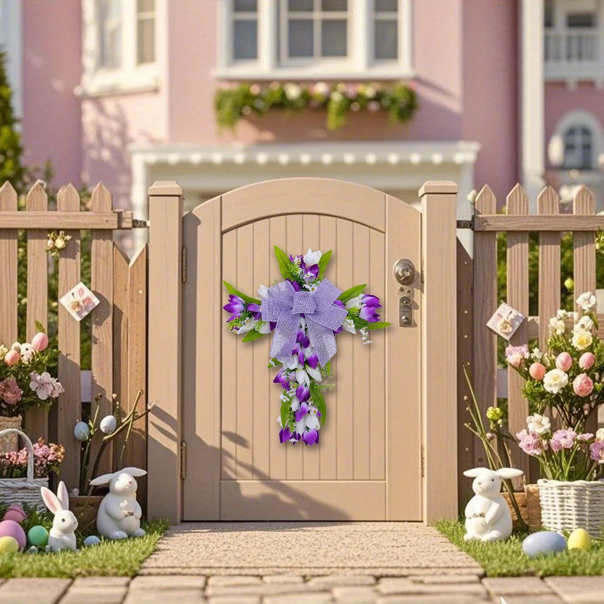 Purple tulip cross wall hanging adorned with vibrant purple tulips for home decor