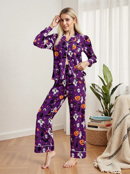 Women Halloween Pajama Set Pumpkin Ghost Long Sleeve Tops + Pants For Nightwear Homewear Casual Wear