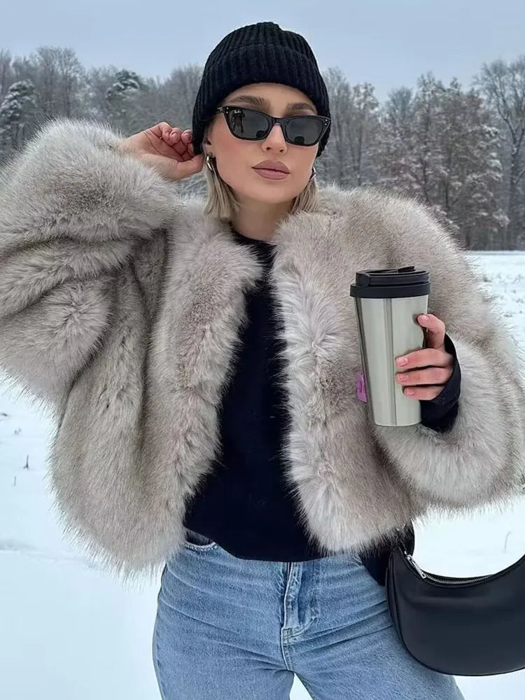 HH Women Winter Fashion Artificial Fur Effect Short Jacket Coats Female O-Neck Vintage Long Sleeve Loose Warm Top Streetwear