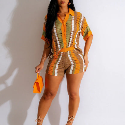 Women Summer Beach Vacation Two 2 Piece Outfits Crochet Sets Causal Knit Short Sleeve Button Down Shirt And Shorts Matching Set