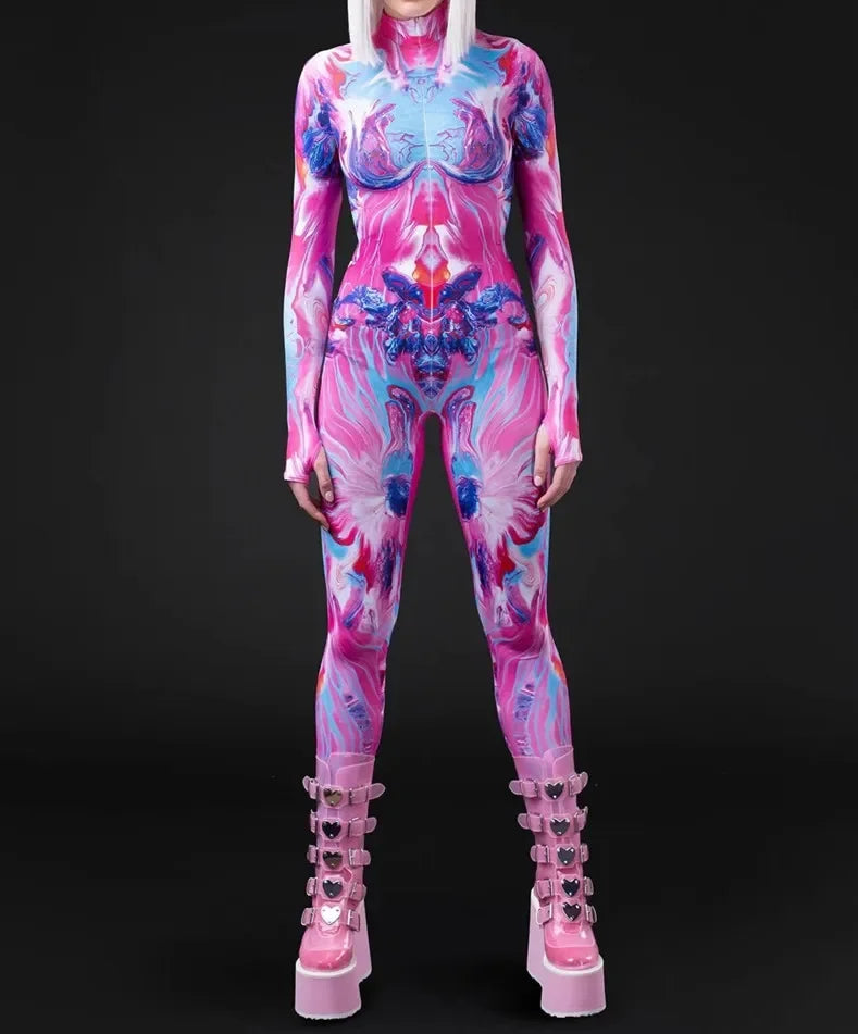 Cosplay Costume Female Woman Sexy Suit Color Element Blue Muscle Halloween Bodysuit Adults High-waisted Sports Jumpsuit
