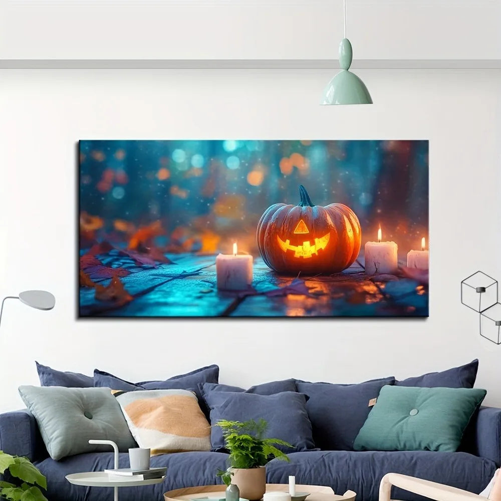 EtherealBe retro Halloween wall art featuring a glowing pumpkin and candles in a cozy living room setting