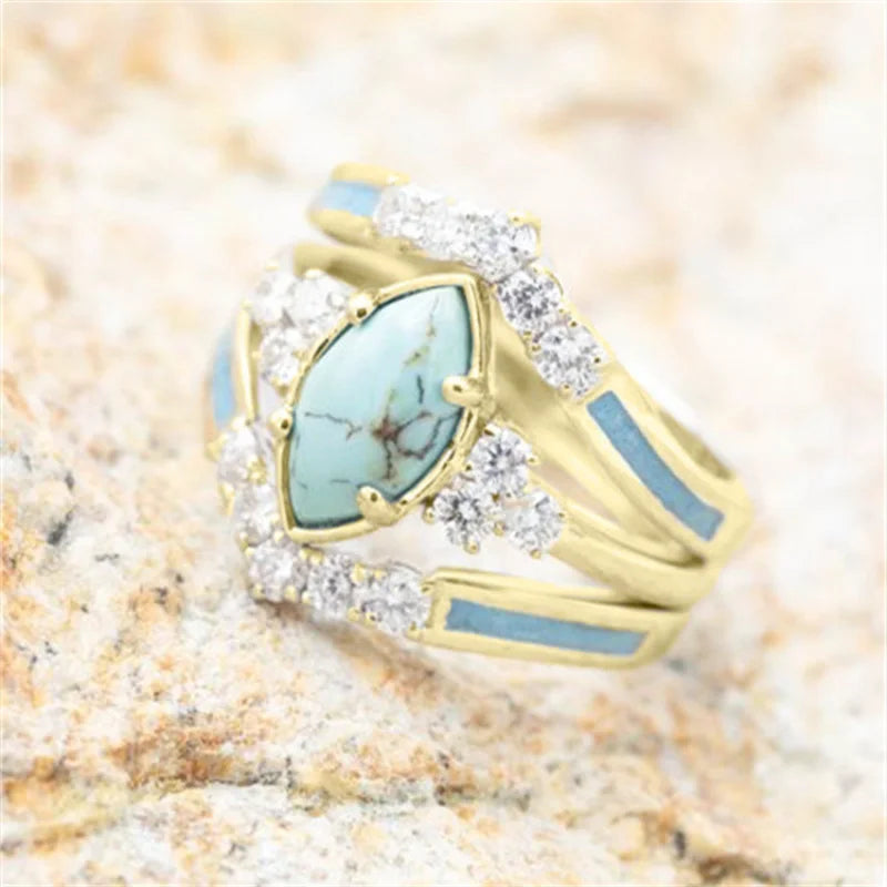 3 Pieces/Set Women's Turquoise Rings Delicate Moissanite Engagement Wedding Rings Anniversary Birthday Christmas Gift Jewelry