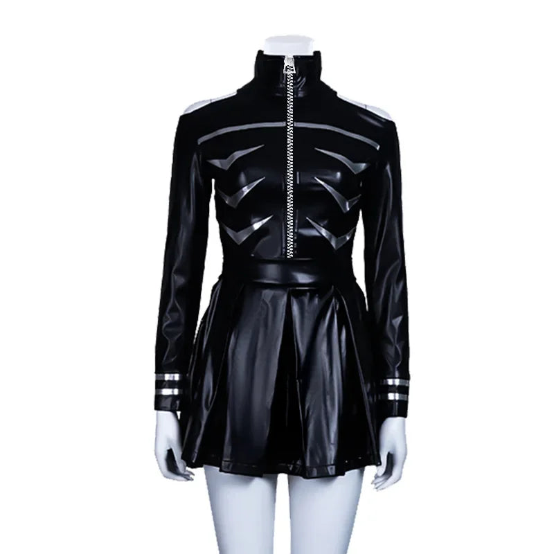 EtherealBe black PVC high collar zip front women's cosplay costume with pleated mini skirt