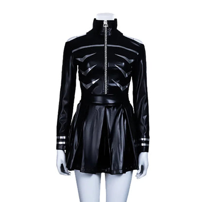 EtherealBe black PVC high collar zip front women's cosplay costume with pleated mini skirt
