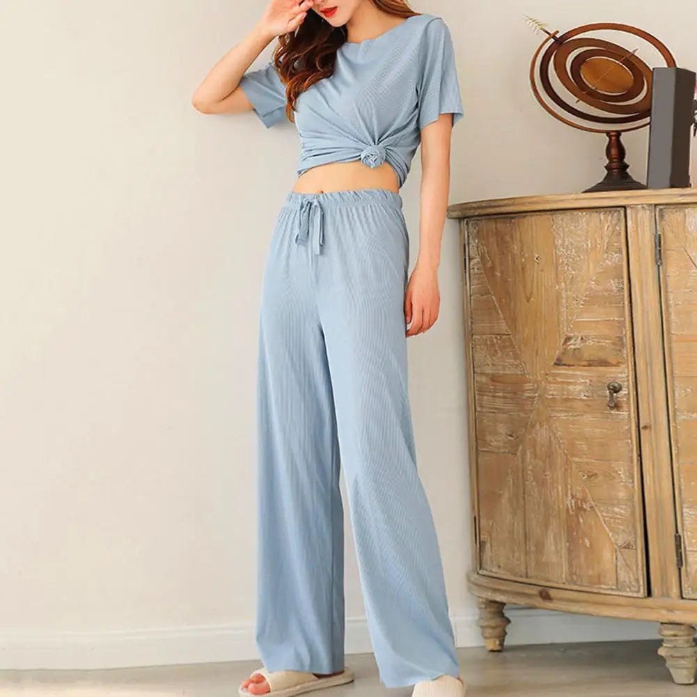 2Pcs/Set Women Sleepwear Set Colorfast O-neck Short Sleeve Leisure Outfit  Ice Silk T-shirt Elastic Waistband Pants Loungewear