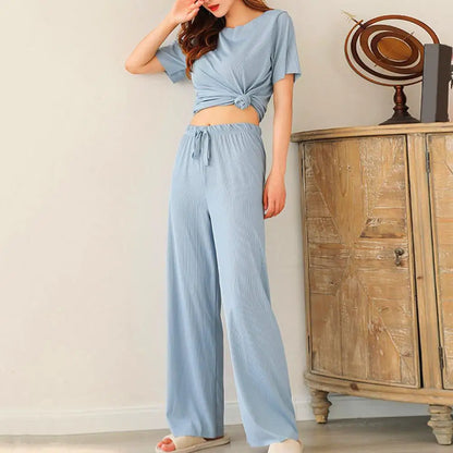 2Pcs/Set Women Sleepwear Set Colorfast O-neck Short Sleeve Leisure Outfit  Ice Silk T-shirt Elastic Waistband Pants Loungewear