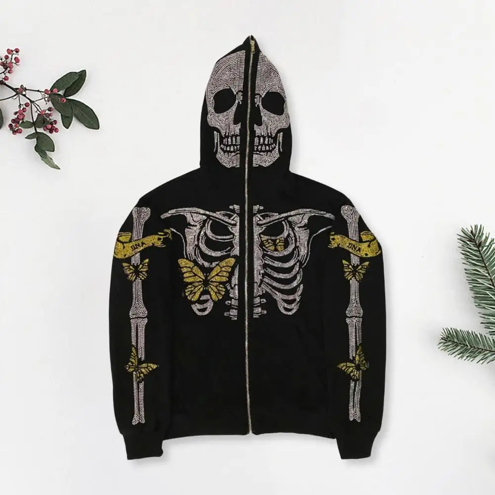 Unisex Hoodie Rhinestone Ghost Skeleton Halloween Hoodie with Zipper Closure Pockets for Unisex Party Cosplay Costume Fall