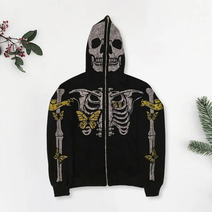 Unisex Hoodie Rhinestone Ghost Skeleton Halloween Hoodie with Zipper Closure Pockets for Unisex Party Cosplay Costume Fall