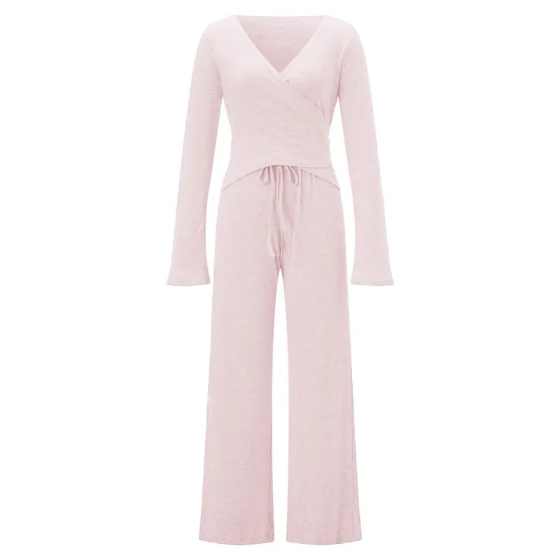 Women Fashion Lounge Set Vintage 2 Piece Outfit V Neck Waist Tie T-shirt + Elastic Waist Pants Autumn Long Sleeve Crop Tops