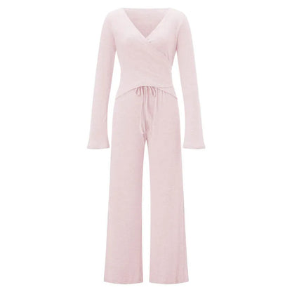 Women Fashion Lounge Set Vintage 2 Piece Outfit V Neck Waist Tie T-shirt + Elastic Waist Pants Autumn Long Sleeve Crop Tops