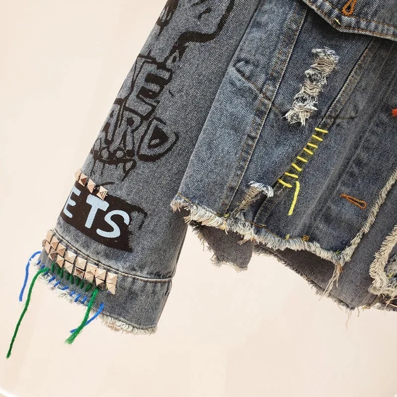 2025 Spring Autumn Women Street Fashion Graffiti Denim Jacket Female Short Frayed Raw Cut Rivet Jacket Fringe Jean Coat Outwear