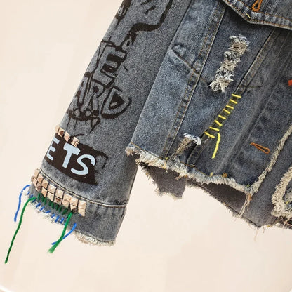 2025 Spring Autumn Women Street Fashion Graffiti Denim Jacket Female Short Frayed Raw Cut Rivet Jacket Fringe Jean Coat Outwear