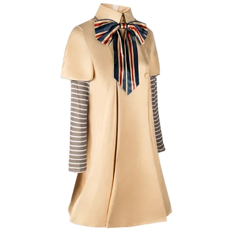Stylish M3GAN cosplay costume for kids featuring a beige dress with bow and striped sleeves