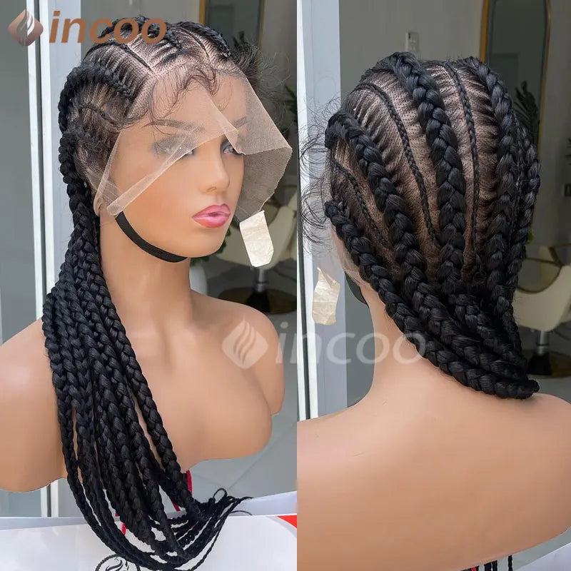 36 Inches Cornrows Braided Wigs Synthetic Full Lace Wig For Black Women Jumbo Braided Wigs Lace Frontal Faux Locs Box Braids Wig