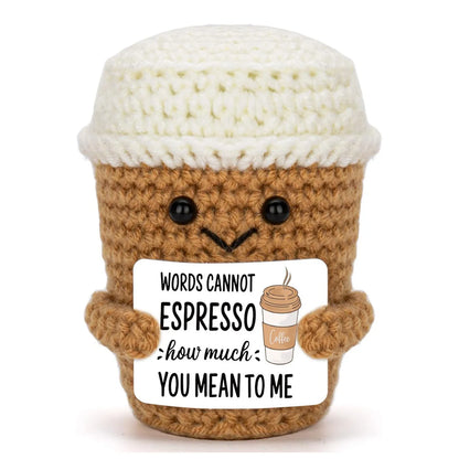Funny Handwoven Positive Energy Coffee Cup Support Emotional Home Room Decoration Plush Knitting Doll Birthday Christmas Gift