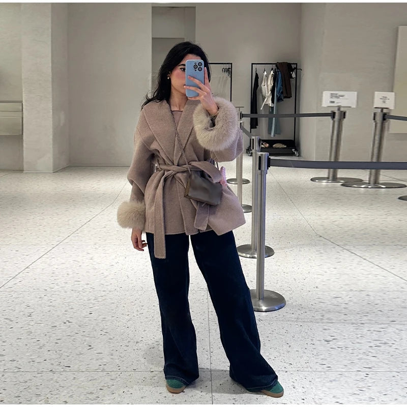 2025 Chic Lapel Plush Coat With Belt Women Vintage Solid Faux Fur Sleeve Tweed Open Coats Female Autumn Casual Street Outwear