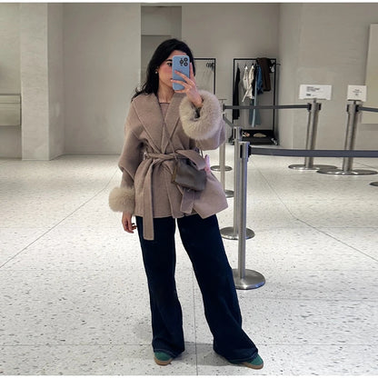 2025 Chic Lapel Plush Coat With Belt Women Vintage Solid Faux Fur Sleeve Tweed Open Coats Female Autumn Casual Street Outwear