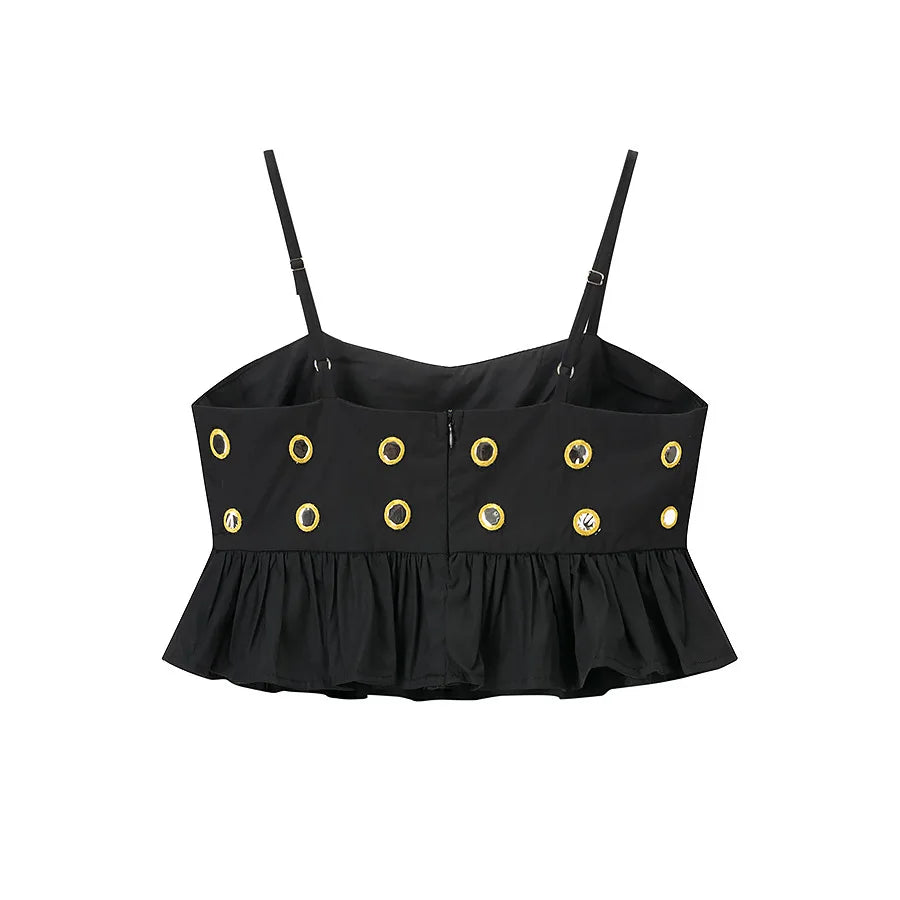 Women's Metal Hollow Pleated Suspender Skirt Two Piece Set Sexy Sleeveless Vest High Waist Mini Skirt Lady Vacation Dress Sets