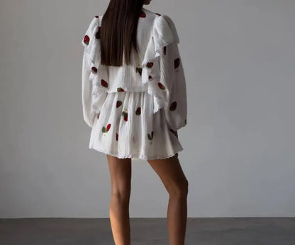 Spring And Summer New Fashion Ruffle Edge Long Sleeved Printed Shirt + Elastic Waist Short Skirt Set For Women,4 Colors