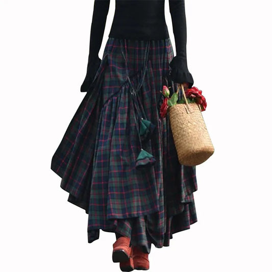Vintage Weekend Skirt Full Bed Women'S Checked Skirt Long Tartan Retro Maxi Skirt High Waist Tartan Skirt Flared Shape Clothes