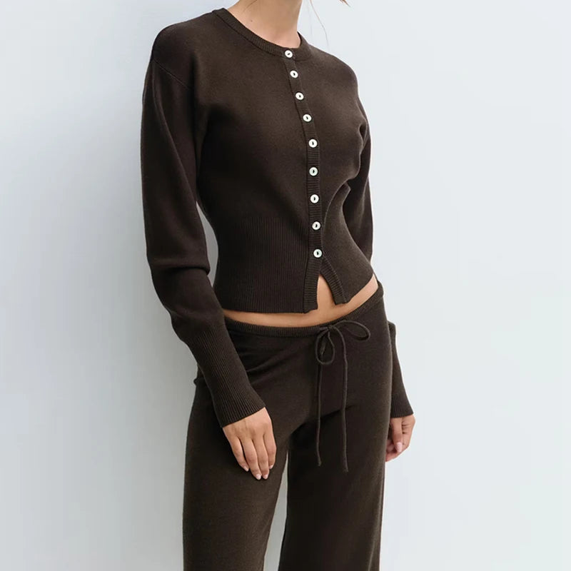 Women Loungewear 2 Piece Pants Set Button Up Long Sleeve Crop Cardigans Sweater Low Waist Knitted Trousers Fall Winter Outfits