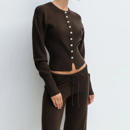 Women Loungewear 2 Piece Pants Set Button Up Long Sleeve Crop Cardigans Sweater Low Waist Knitted Trousers Fall Winter Outfits