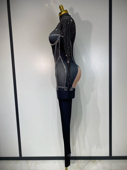 STOCK Sparkly Diamond Women Sexy Mesh Jumpsuit Nightclub Bar Party Show Gogo Dancer Clothing Drag Queen Outfit Stage Costume