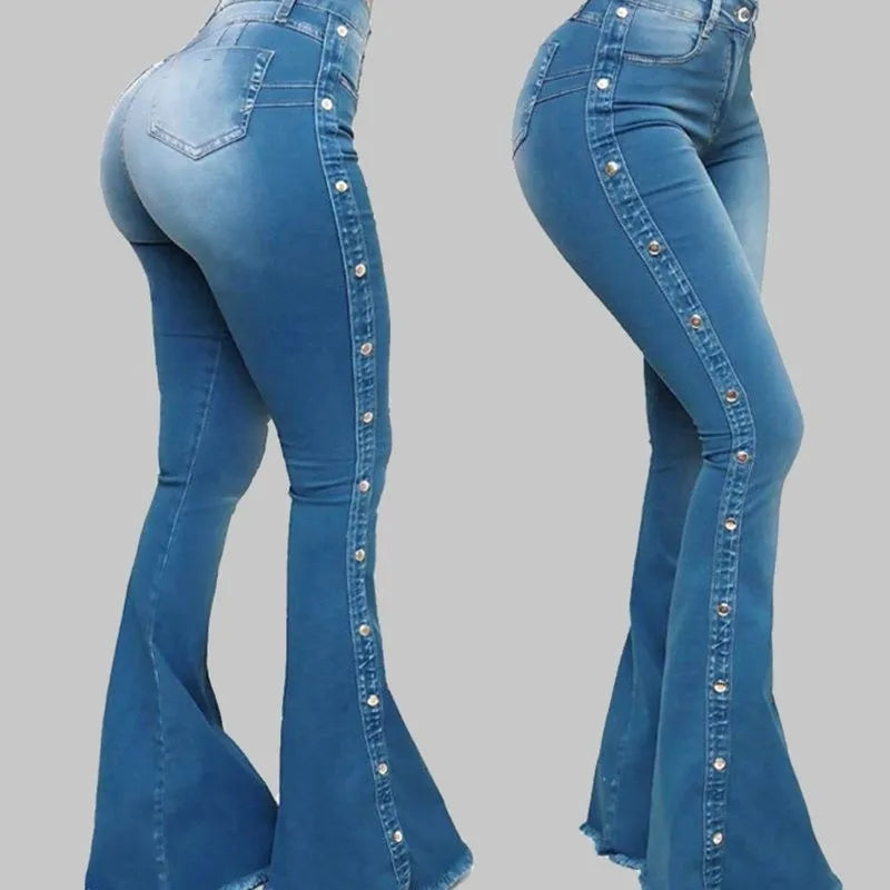 Jeans High Waist Strecth Denim Flare Pants Women Vintage Trousers Buttons Denims Streetwear 2024 Autumn Female Floor Length