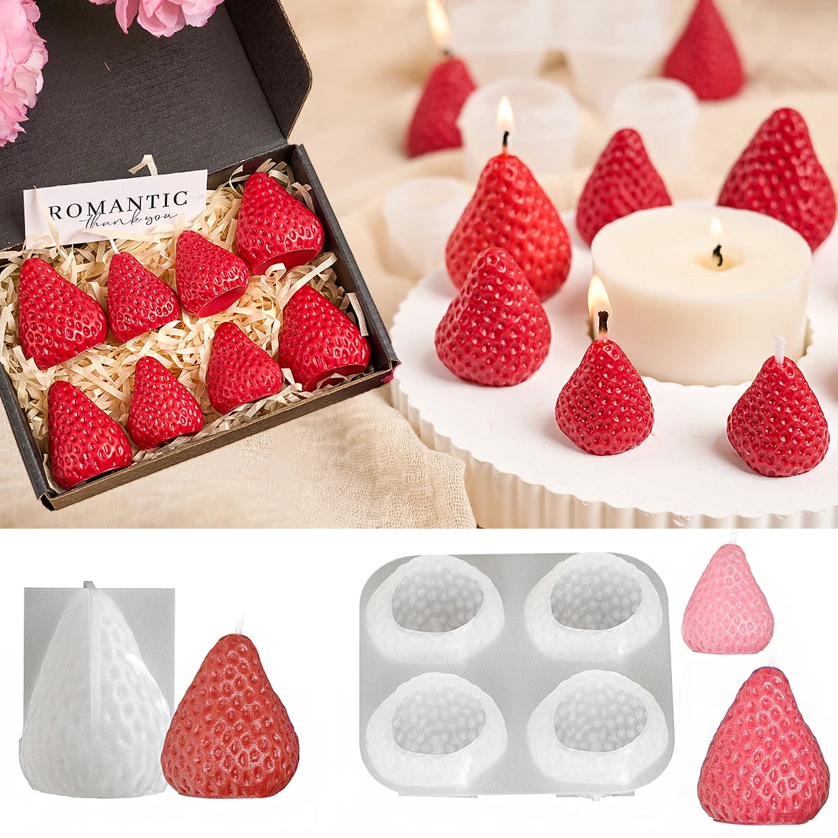 4Pcs Strawberry Shaped Silicone Candle Mold DIY Handmade Fruit Scented Candles Soap Craft Casting Molds Home Valentine's Day Dec