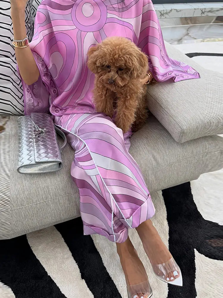 Geometric Print Cape Women's Set Loose Batwing Sleeve Top Flowy Maxi Skirt 2025 Summer Elegant Suit Holiday Fashion Lady Sets