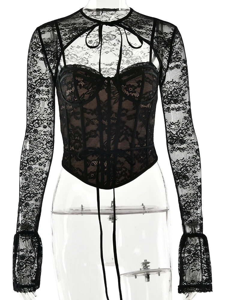 Fantoye Sexy See Through Lace Women Tops Black Long Sleeve Print Floral Two Piece Sets Female Autumn Skinny Elegant Streetwear