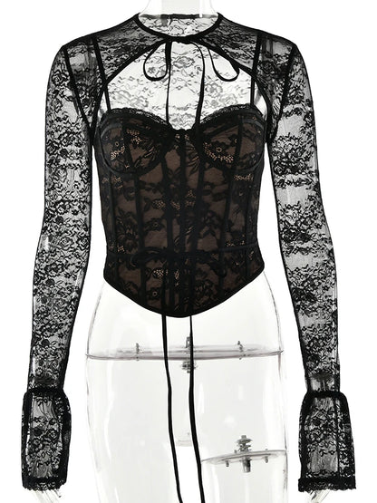Fantoye Sexy See Through Lace Women Tops Black Long Sleeve Print Floral Two Piece Sets Female Autumn Skinny Elegant Streetwear