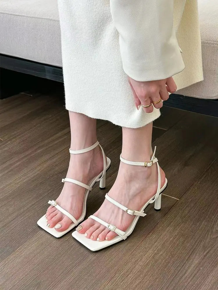 New Women's Shoes Fashion Buckle Design Square Toe Thin High Heel Sandals Shoes for Women Sandalias De Mujer 2023