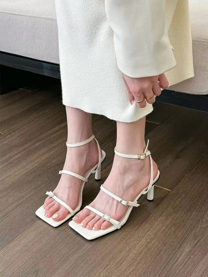 New Women's Shoes Fashion Buckle Design Square Toe Thin High Heel Sandals Shoes for Women Sandalias De Mujer 2023