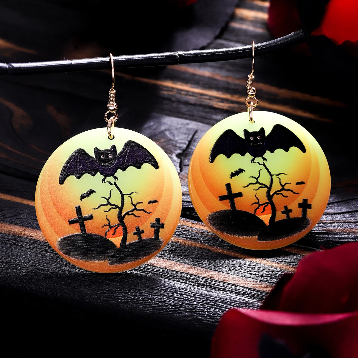 EtherealBe Halloween earrings for women featuring a spooky bat and gravestones design